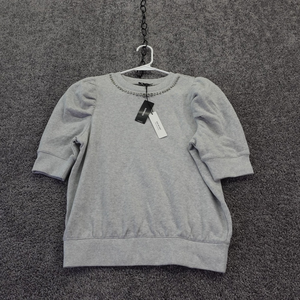 Express Sweatshirt Womens Small Gray Rhinestone Embellished Puff Sleeve Pullover